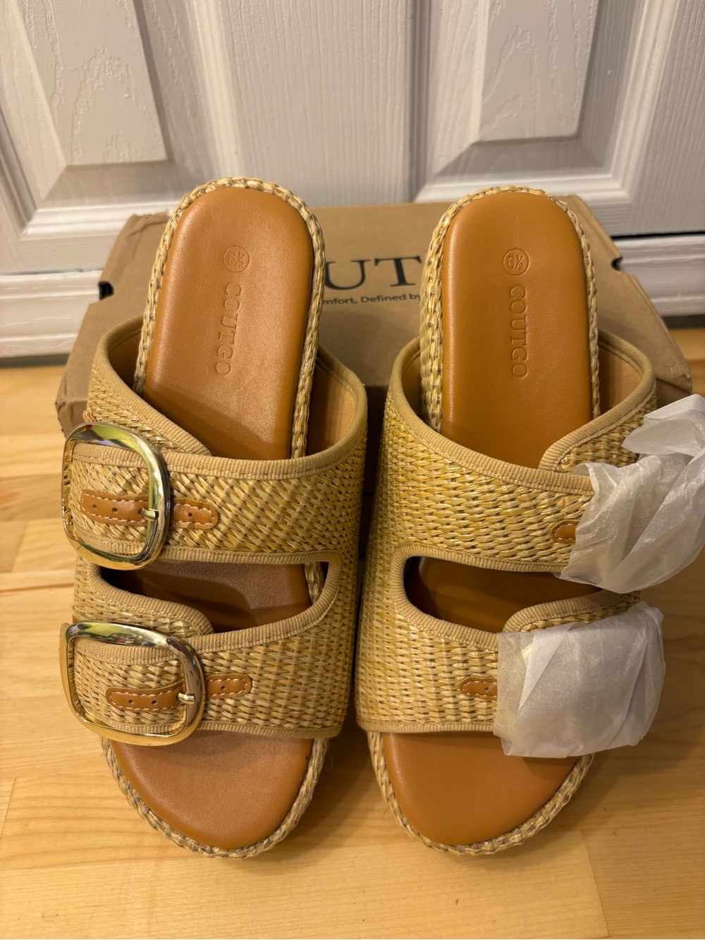 Coutgo Tan Woven Platform Slide Mules - Picture 7 of 9
